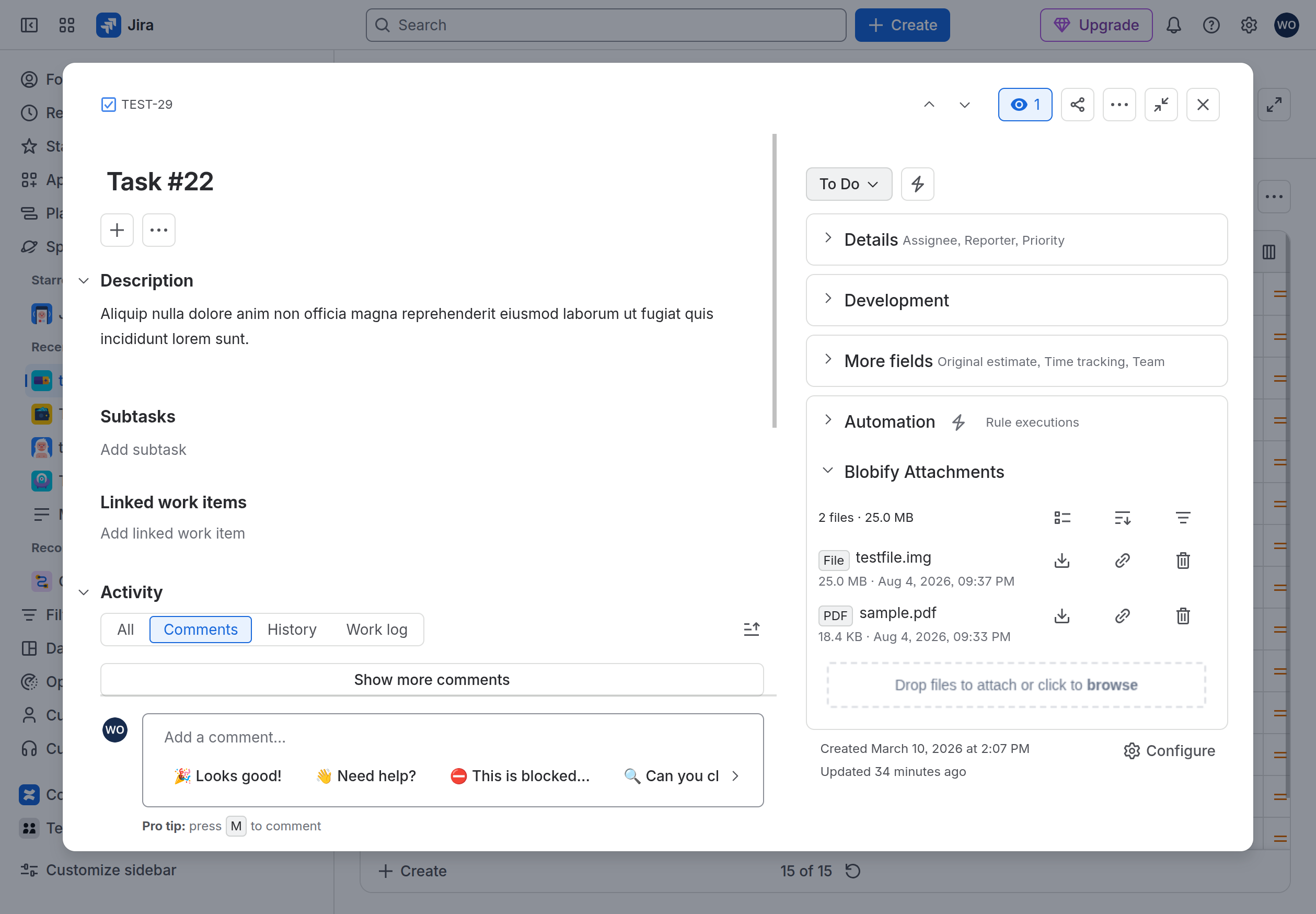The Blobify Attachments panel on a Jira issue, showing the upload drop zone and a file row with download, copy-link, and delete icons