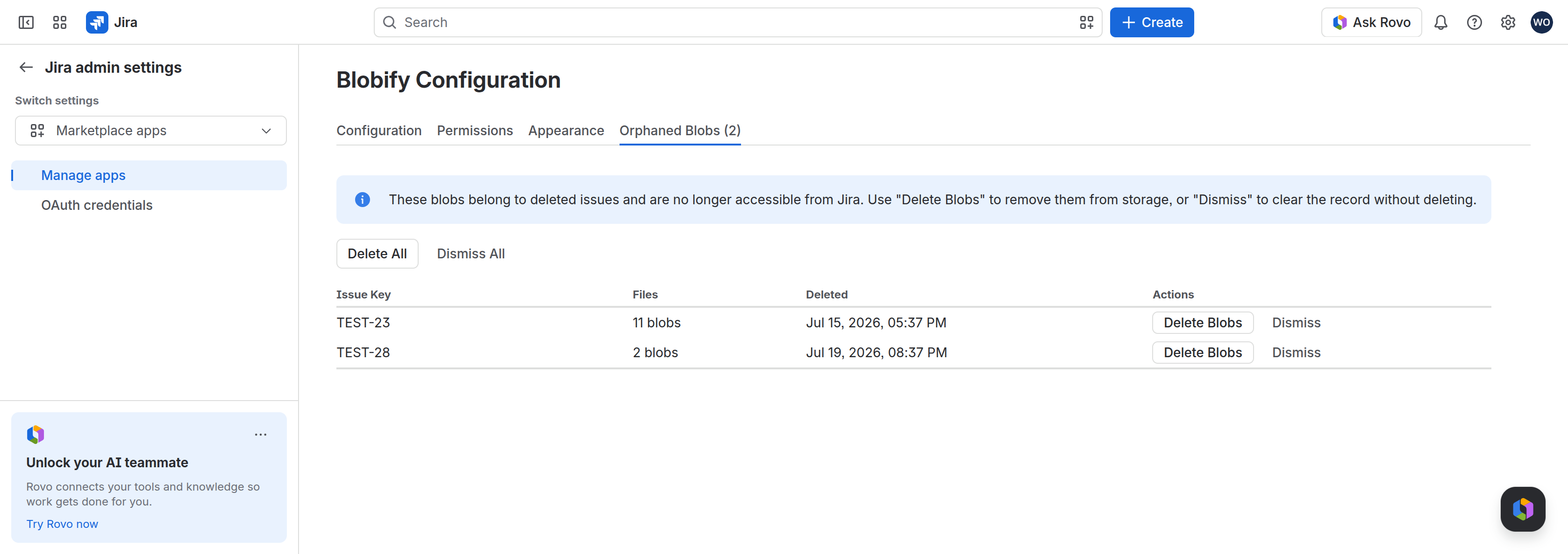 Blobify admin Orphaned Blobs tab showing a table of deleted issues with Delete Blobs and Dismiss actions