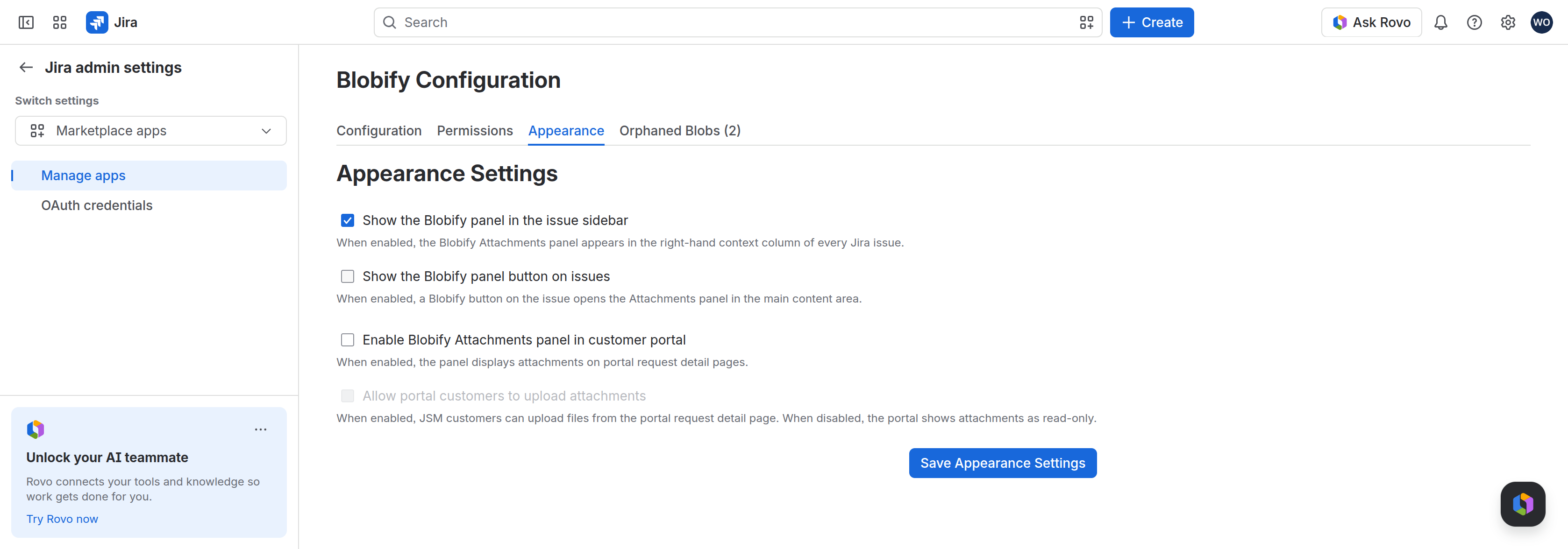 Blobify admin Appearance tab showing panel-placement toggles and JSM customer-portal options