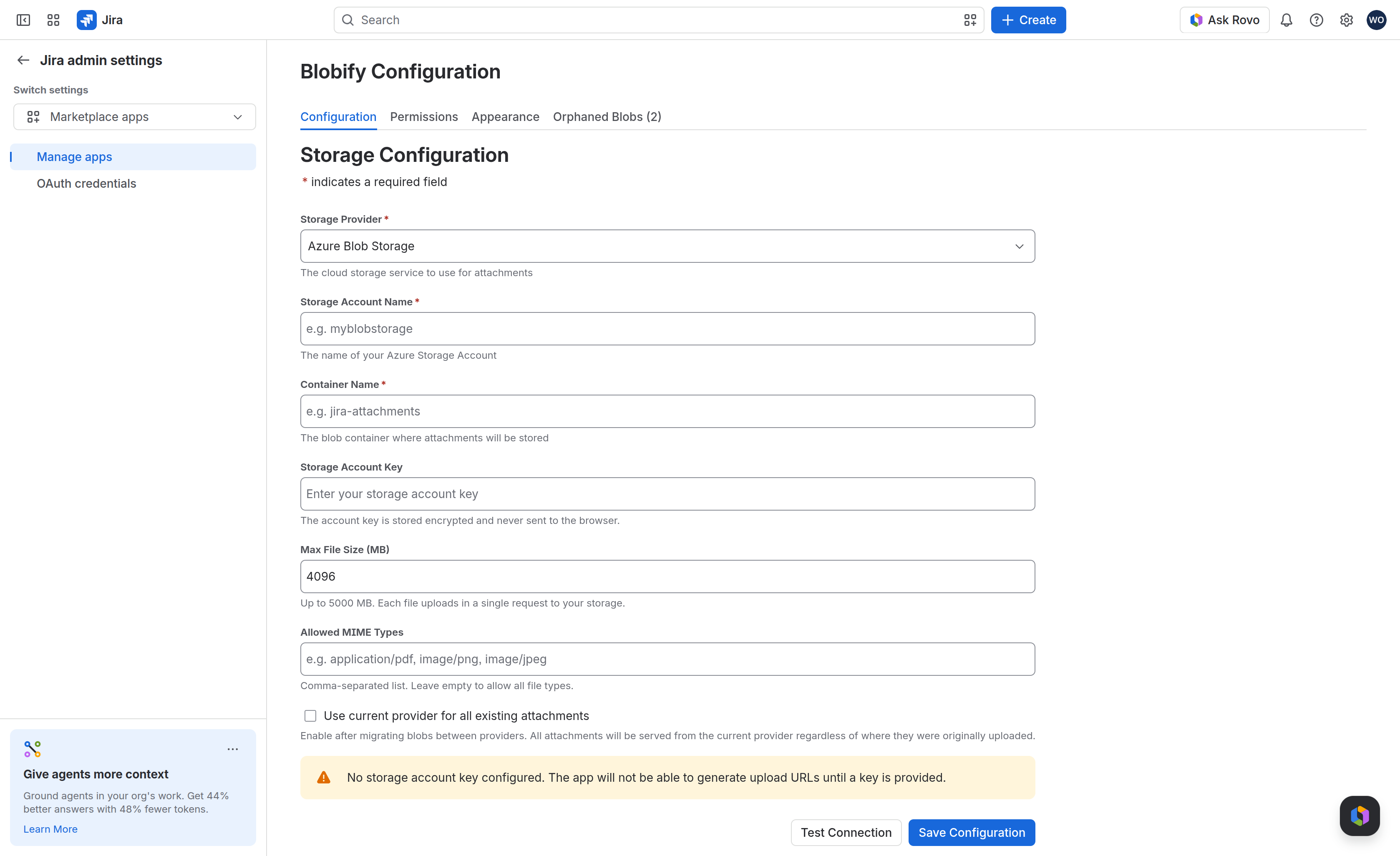 Blobify admin Configuration tab showing the storage-provider dropdown and its account, bucket, and region fields